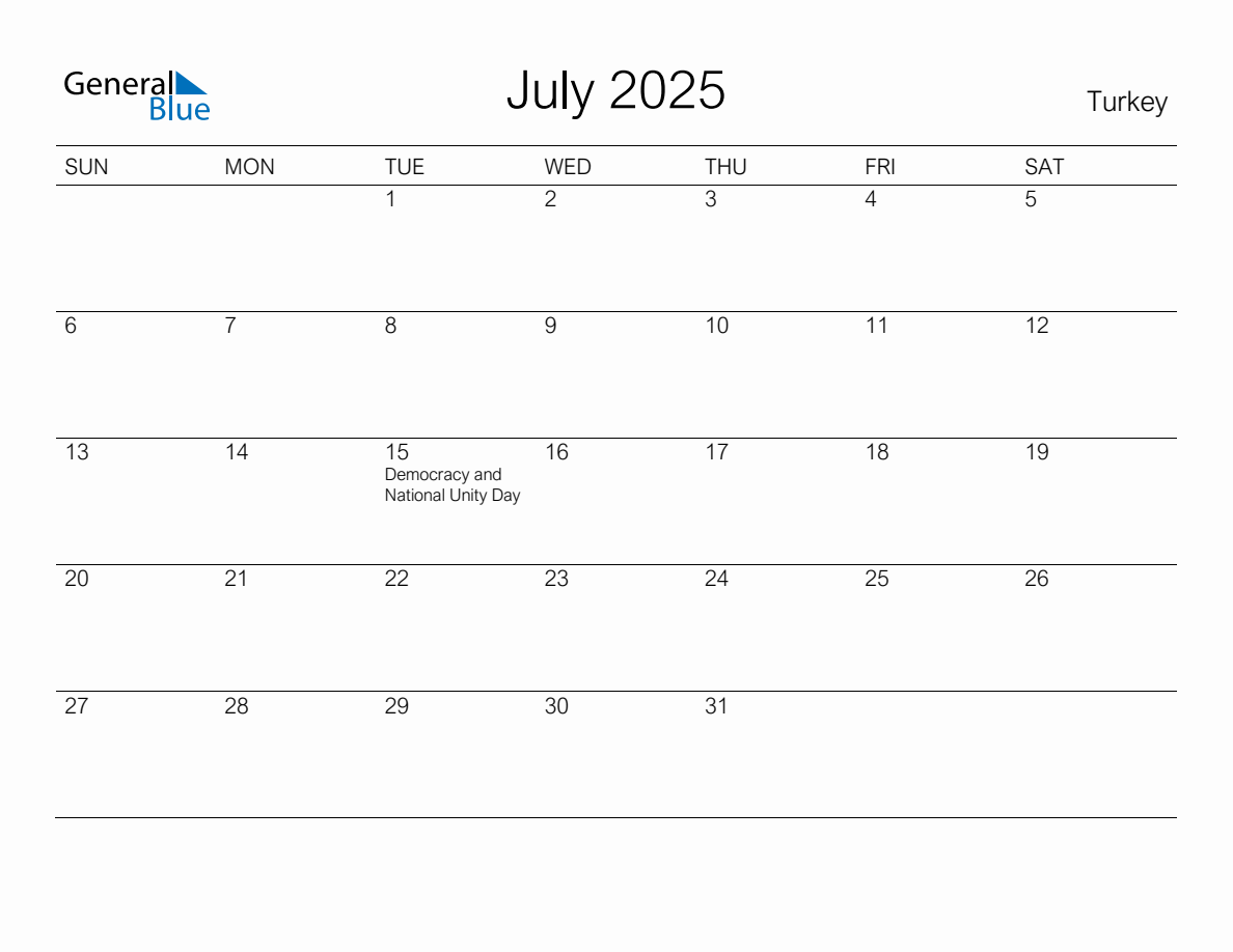 Printable July 2025 Monthly Calendar with Holidays for Turkey