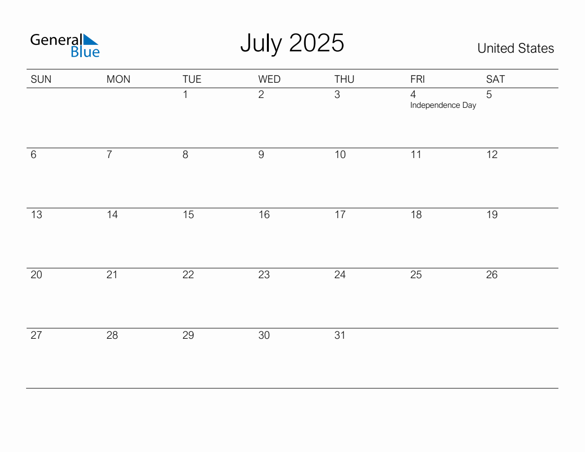 Printable July 2025 Monthly Calendar with Holidays for United States