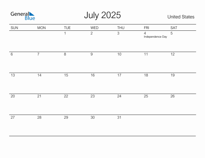 Printable July 2025 Calendar for United States