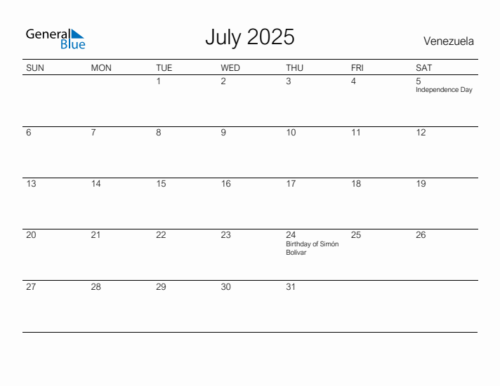 Printable July 2025 Calendar for Venezuela