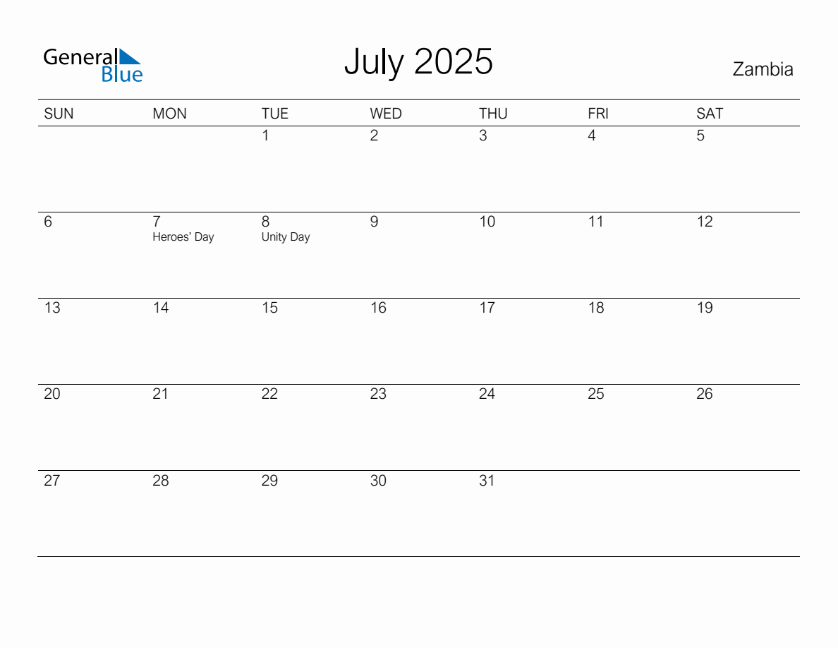 Printable July 2025 Monthly Calendar with Holidays for Zambia