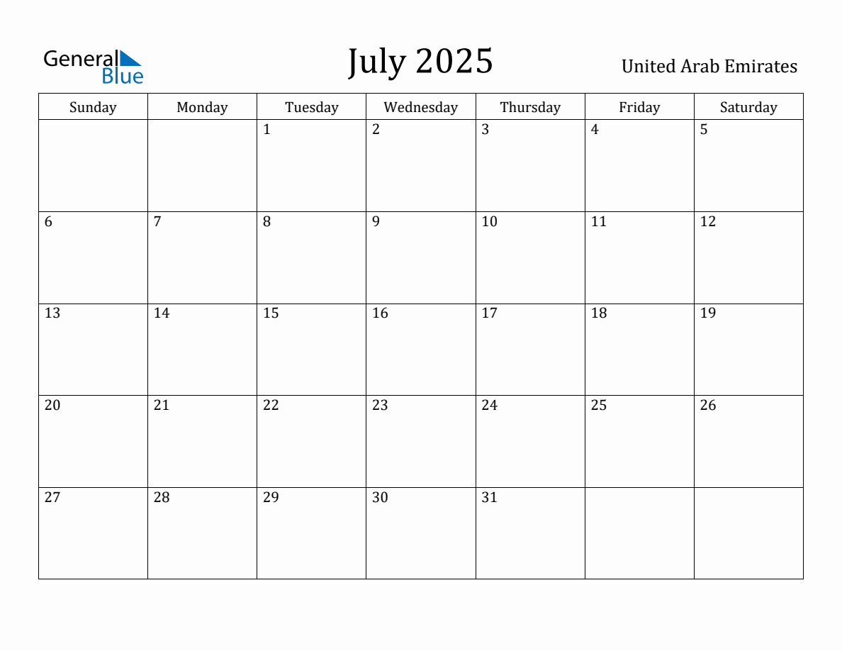 July 2025 Monthly Calendar with United Arab Emirates Holidays