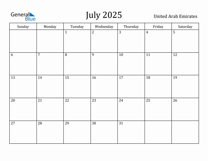 July 2025 Calendar United Arab Emirates
