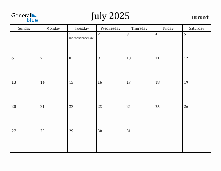 July 2025 Calendar Burundi