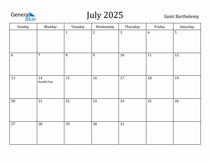 July 2025 Calendar Saint Barthelemy