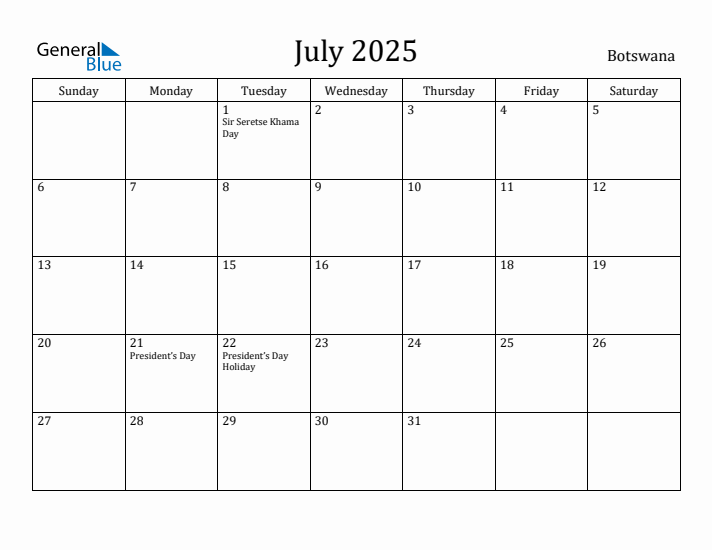 July 2025 Calendar Botswana