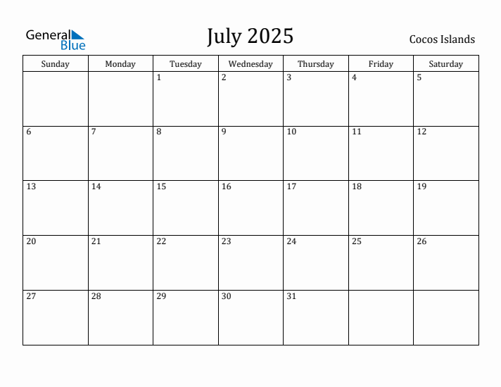 July 2025 Monthly Calendar with Cocos Islands Holidays