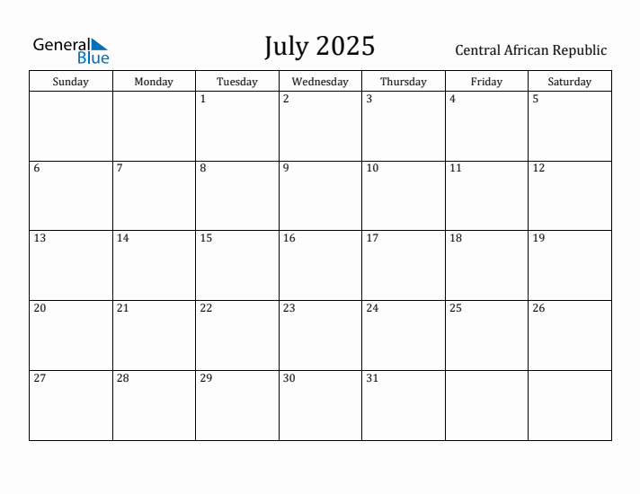 July 2025 Calendar Central African Republic