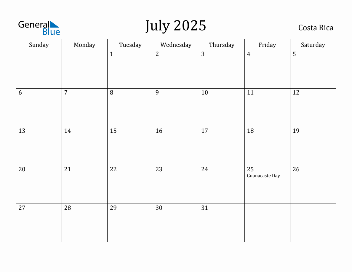 July 2025 Monthly Calendar with Costa Rica Holidays