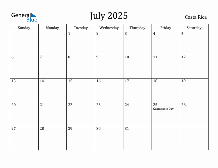 July 2025 Calendar Costa Rica