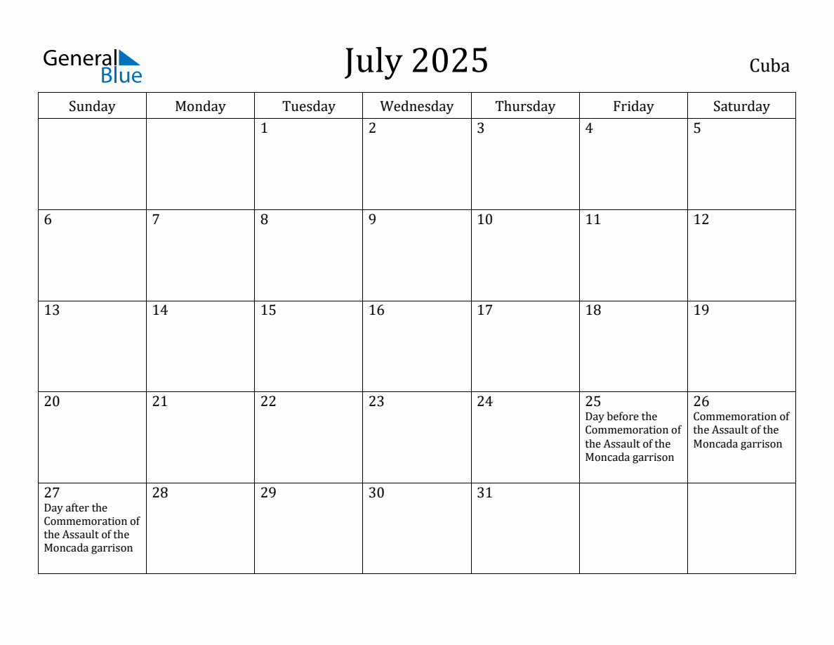 July 2025 Monthly Calendar with Cuba Holidays