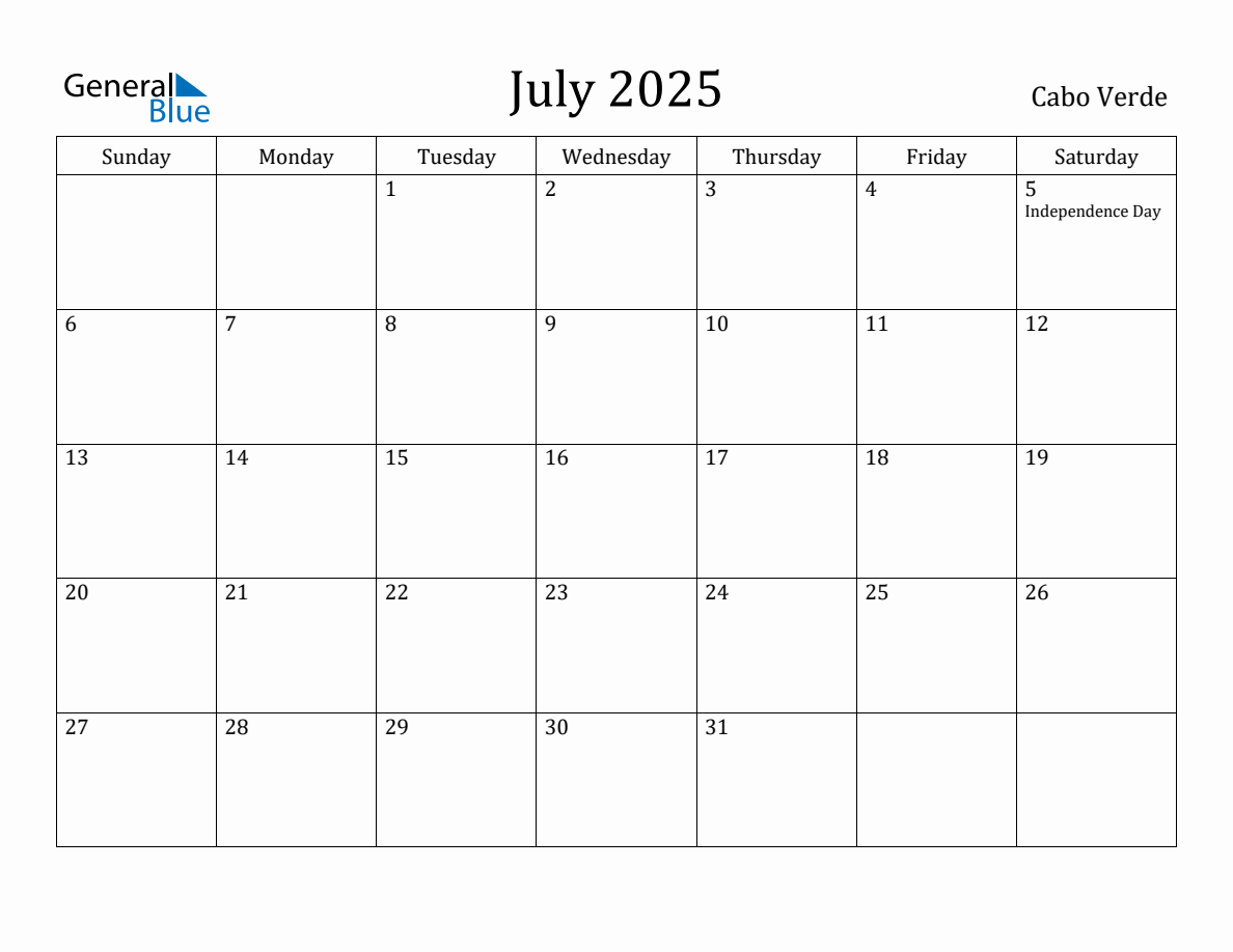 July 2025 Monthly Calendar with Cabo Verde Holidays