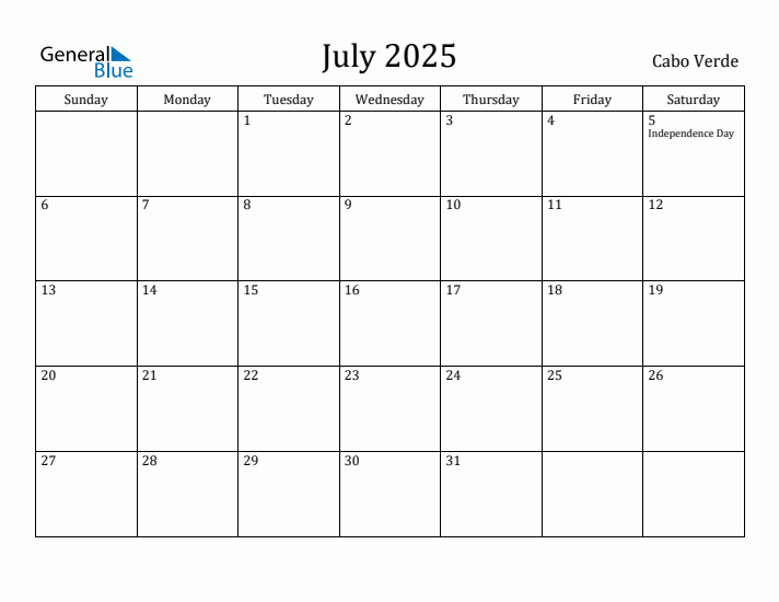 July 2025 Calendar Cabo Verde