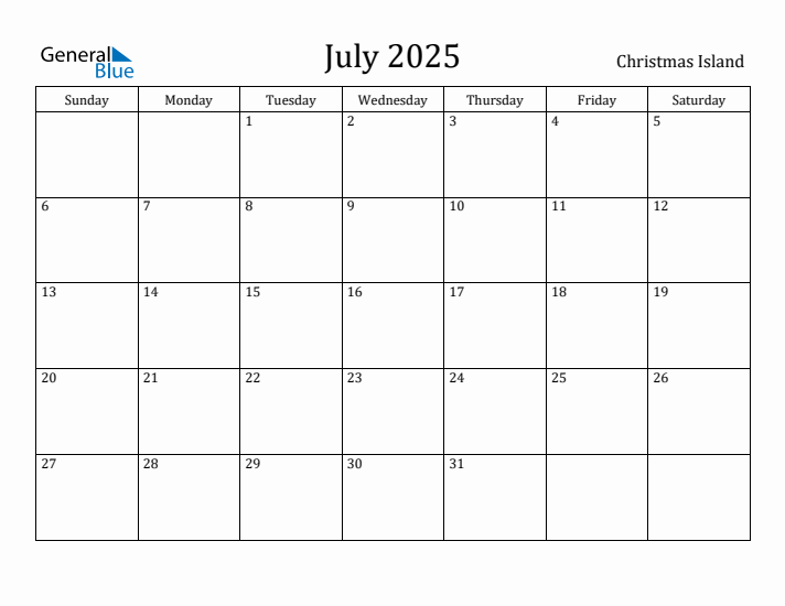 July 2025 Calendar Christmas Island