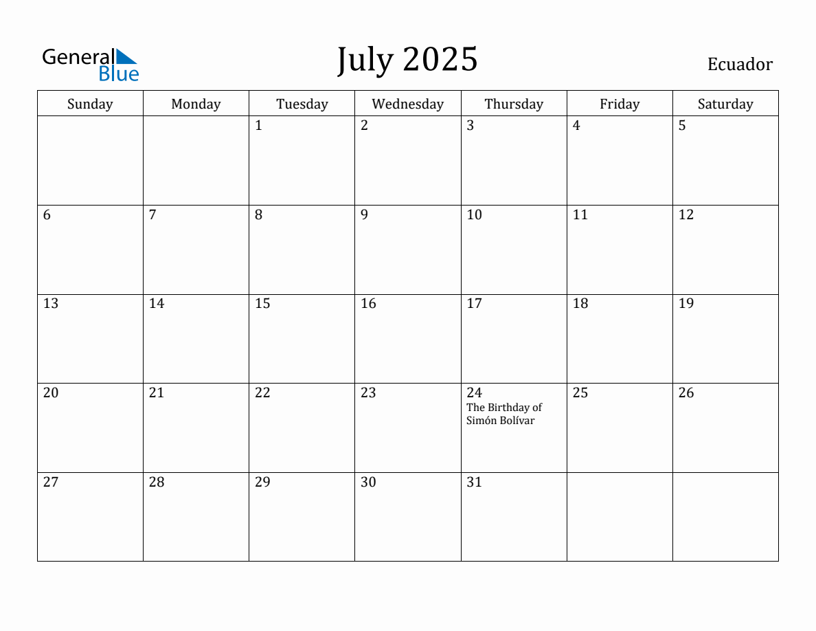 July 2025 Monthly Calendar with Ecuador Holidays