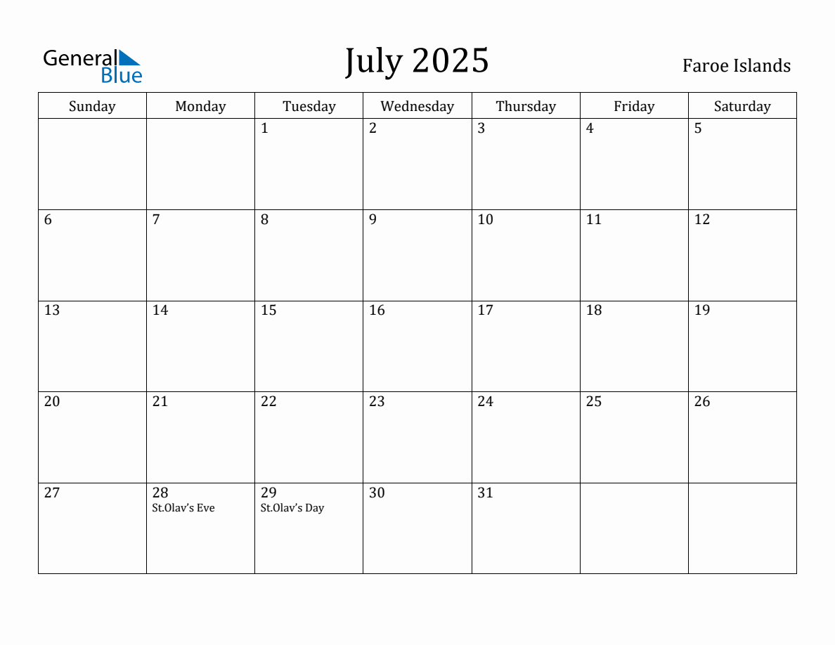 July 2025 Monthly Calendar with Faroe Islands Holidays