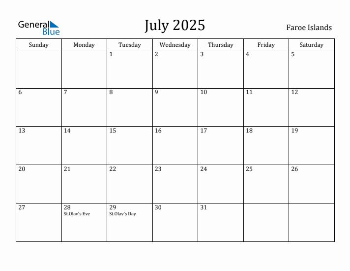 July 2025 Calendar Faroe Islands
