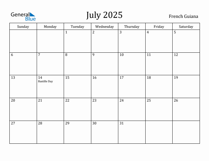 July 2025 Calendar French Guiana