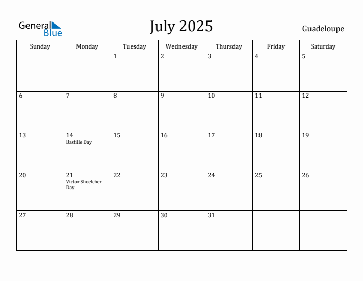 July 2025 Calendar Guadeloupe