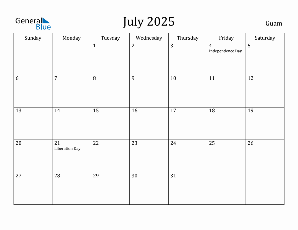 July 2025 Monthly Calendar with Guam Holidays