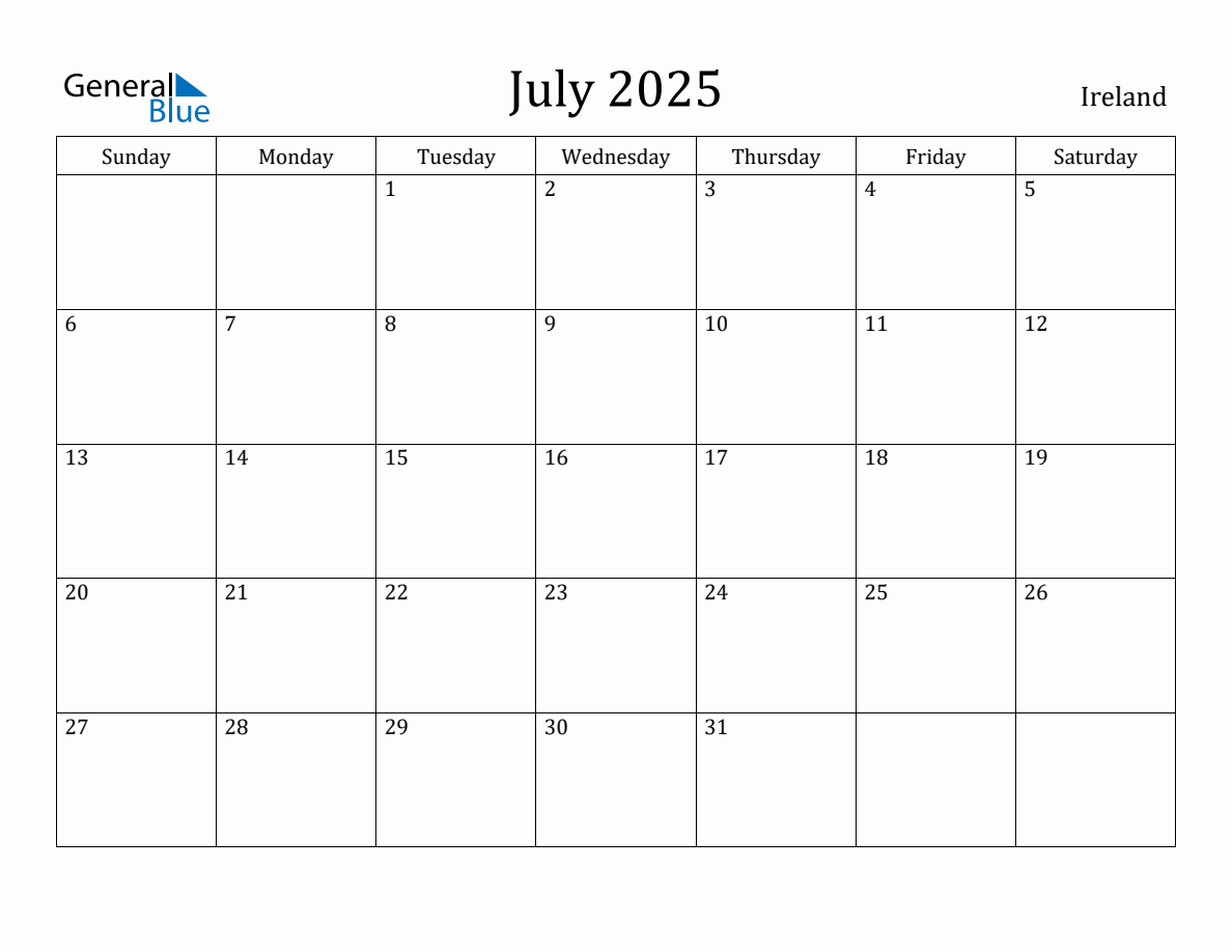 July 2025 Monthly Calendar with Ireland Holidays