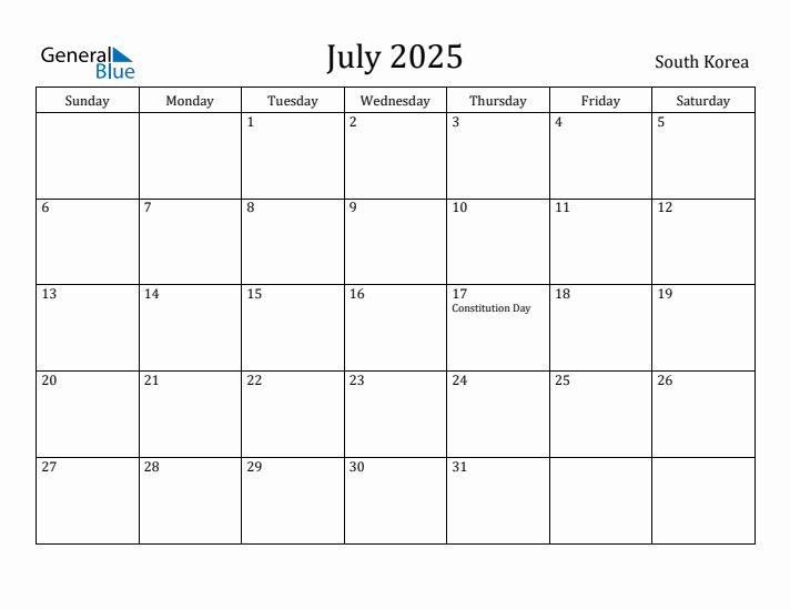 July 2025 Calendar South Korea