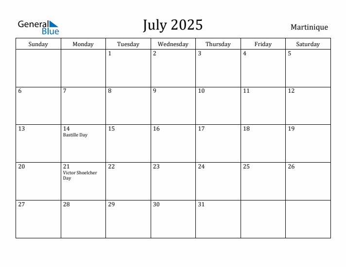 July 2025 Calendar Martinique