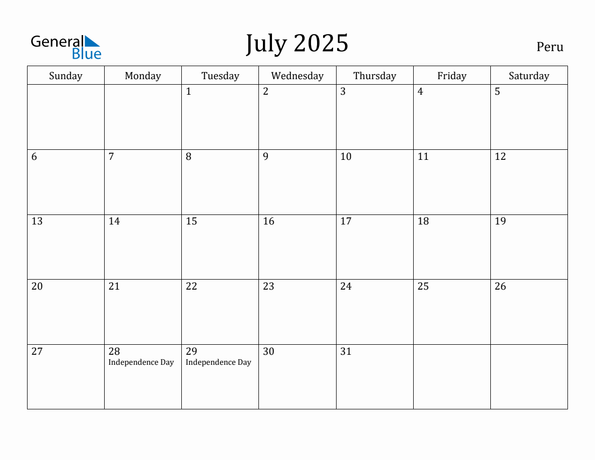 July 2025 Monthly Calendar with Peru Holidays