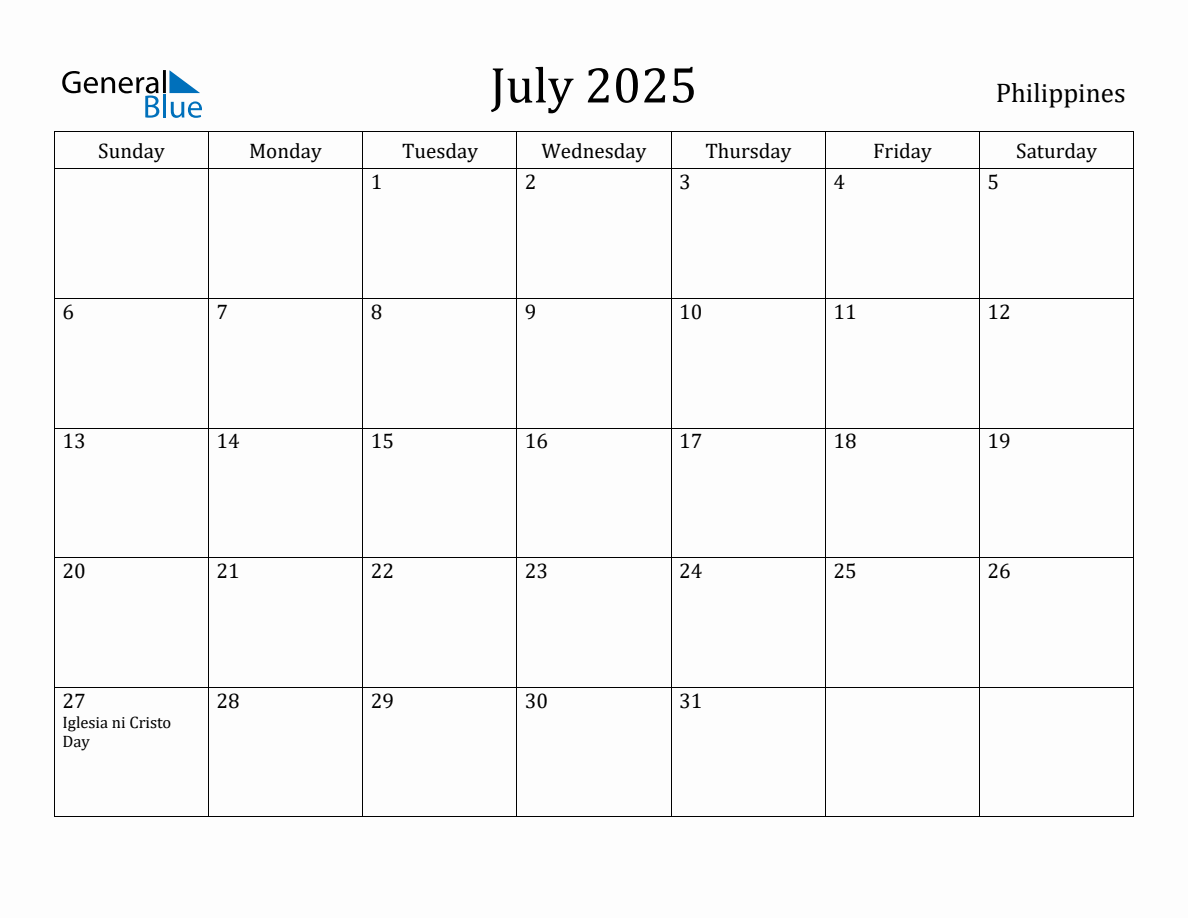 July 2025 Monthly Calendar with Philippines Holidays