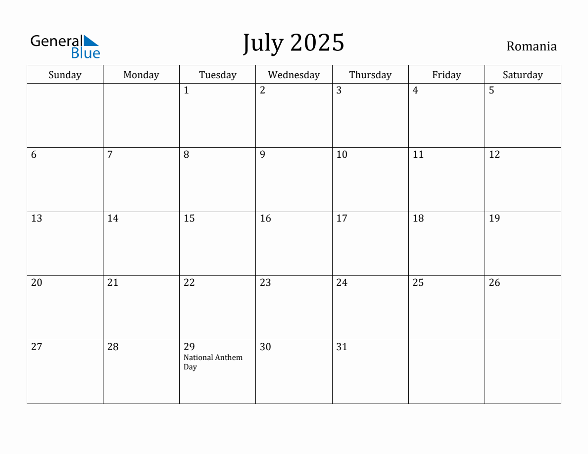 July 2025 Monthly Calendar with Romania Holidays