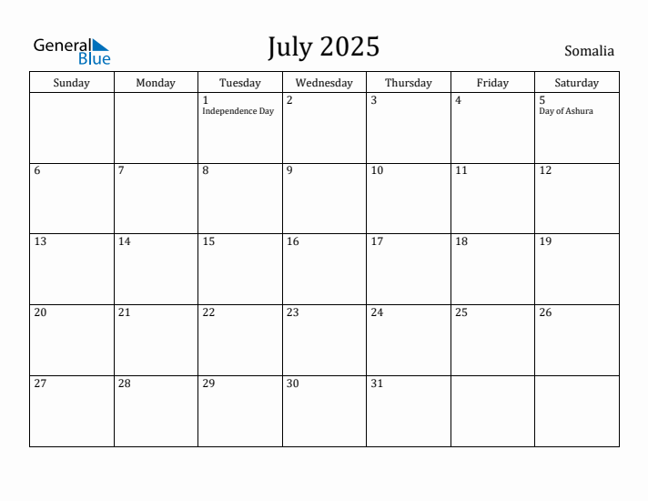 July 2025 Calendar Somalia