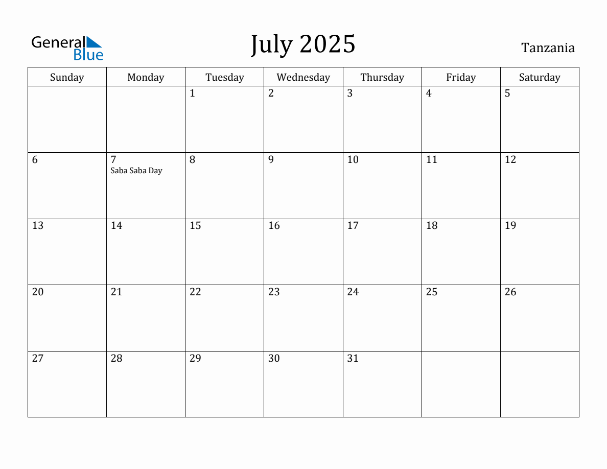 July 2025 Monthly Calendar with Tanzania Holidays