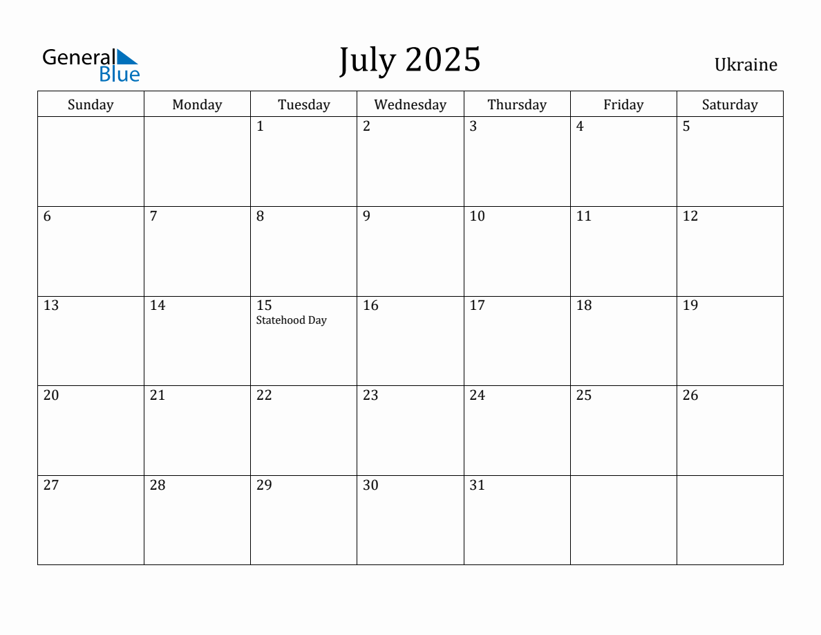 July 2025 Monthly Calendar with Ukraine Holidays