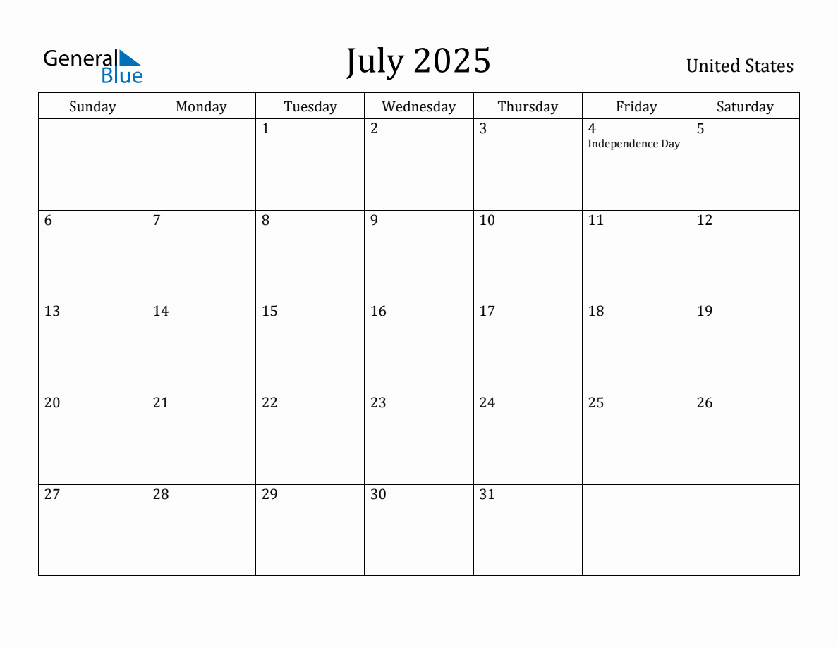 July 2025 Monthly Calendar with United States Holidays