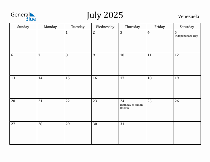 July 2025 Calendar Venezuela