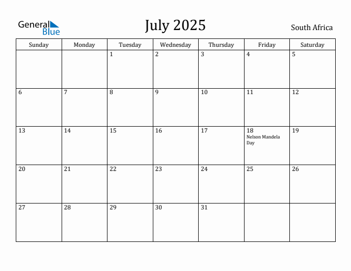 July 2025 Monthly Calendar with South Africa Holidays