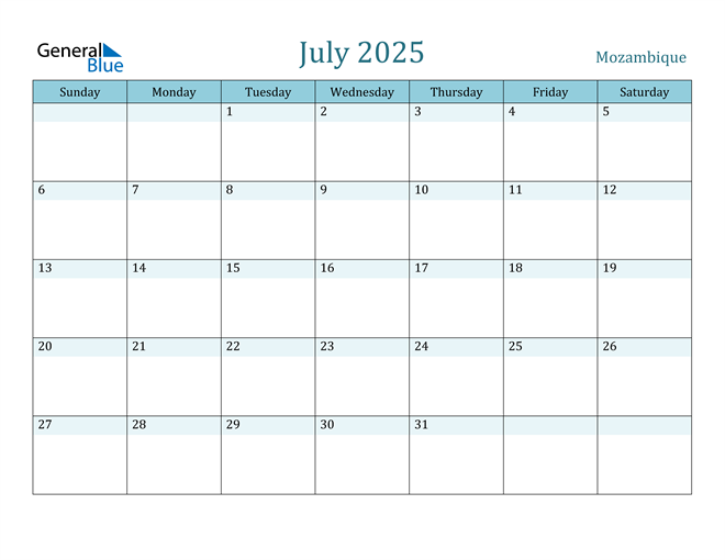 Mozambique July 2025 Calendar with Holidays