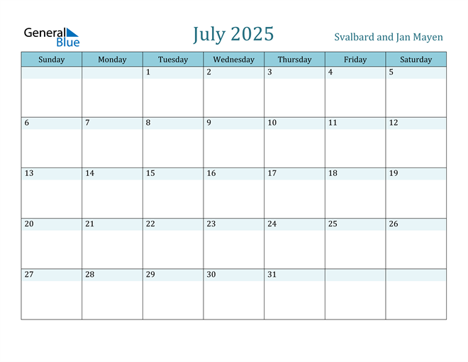 Svalbard And Jan Mayen July 2025 Calendar With Holidays