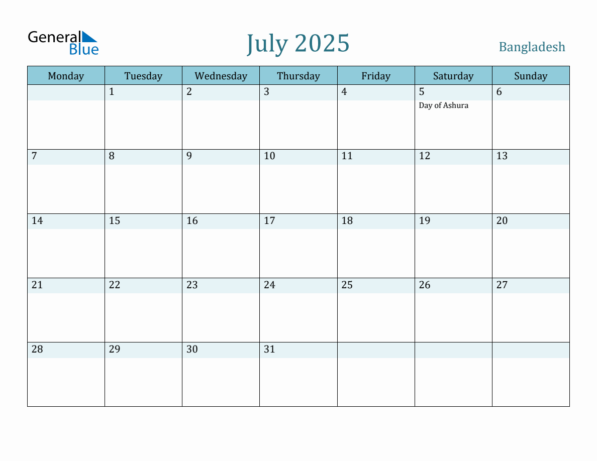 Bangladesh Holiday Calendar for July 2025