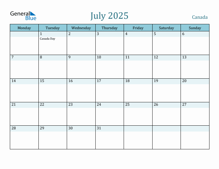 Canada Holiday Calendar for July 2025