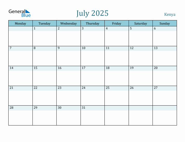 Kenya Holiday Calendar for July 2025