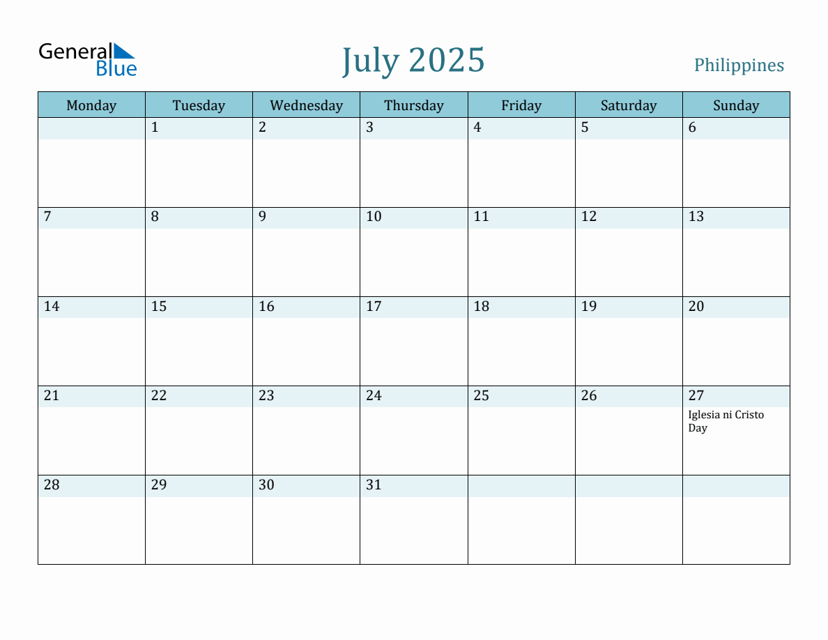 Philippines Holiday Calendar for July 2025