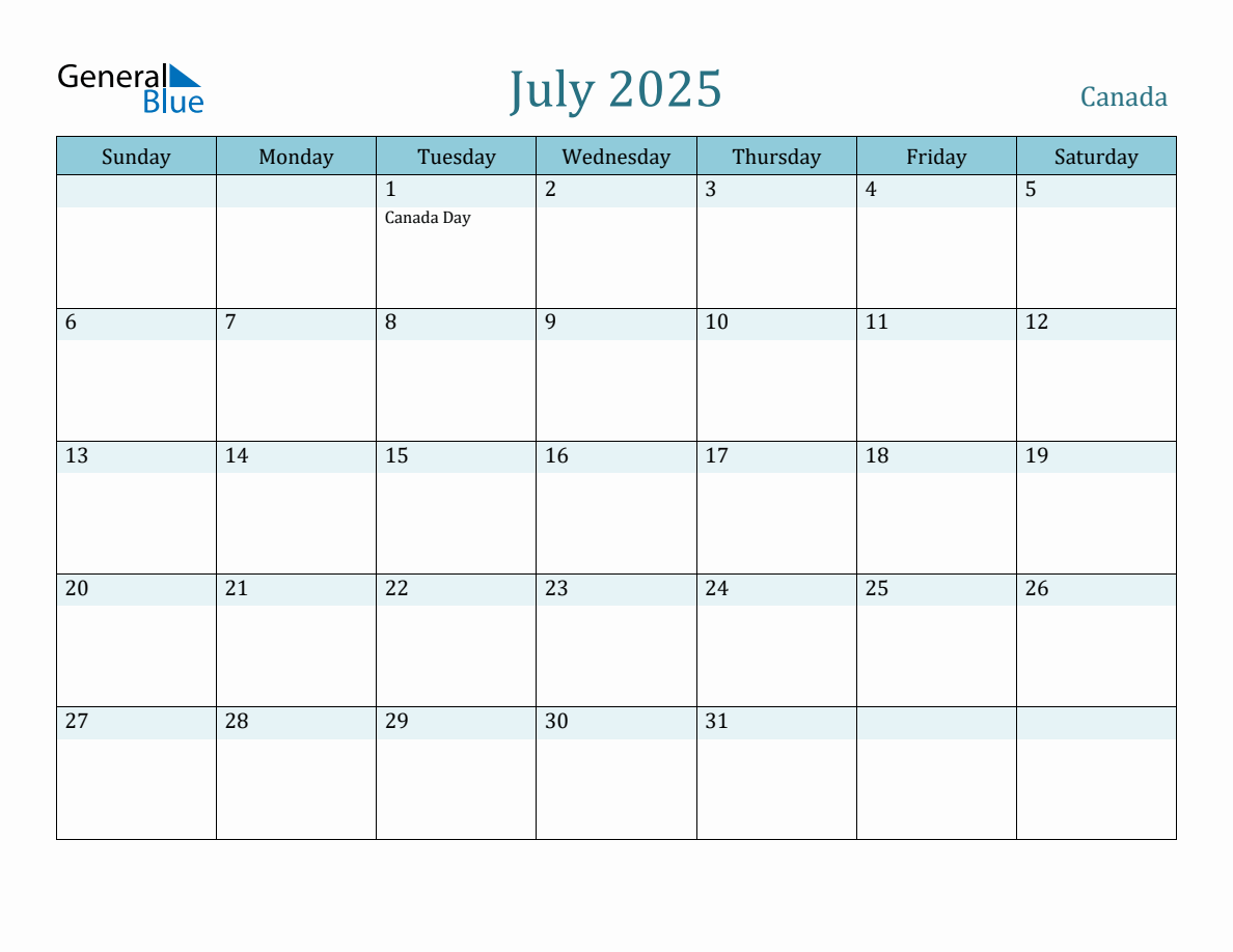 Canada Holiday Calendar for July 2025