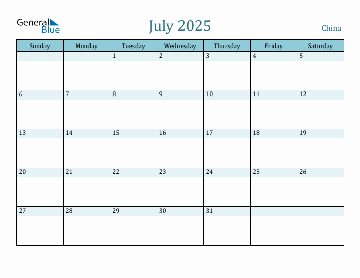 China Holiday Calendar for July 2025