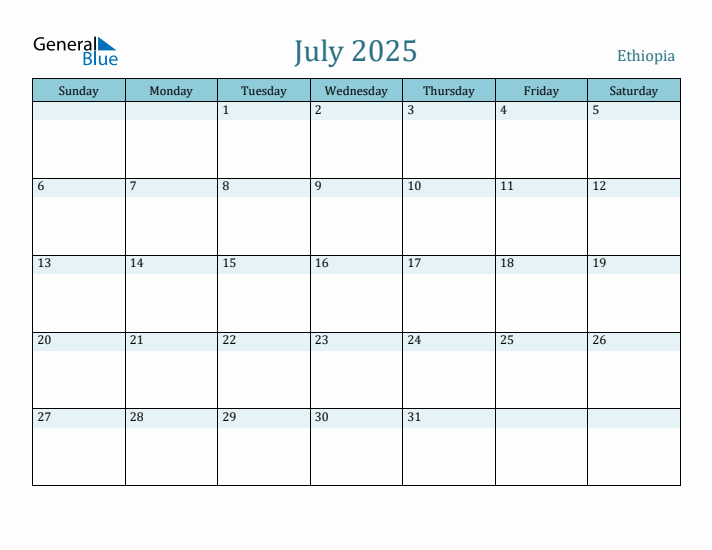 July 2025 Monthly Calendar with Ethiopia Holidays