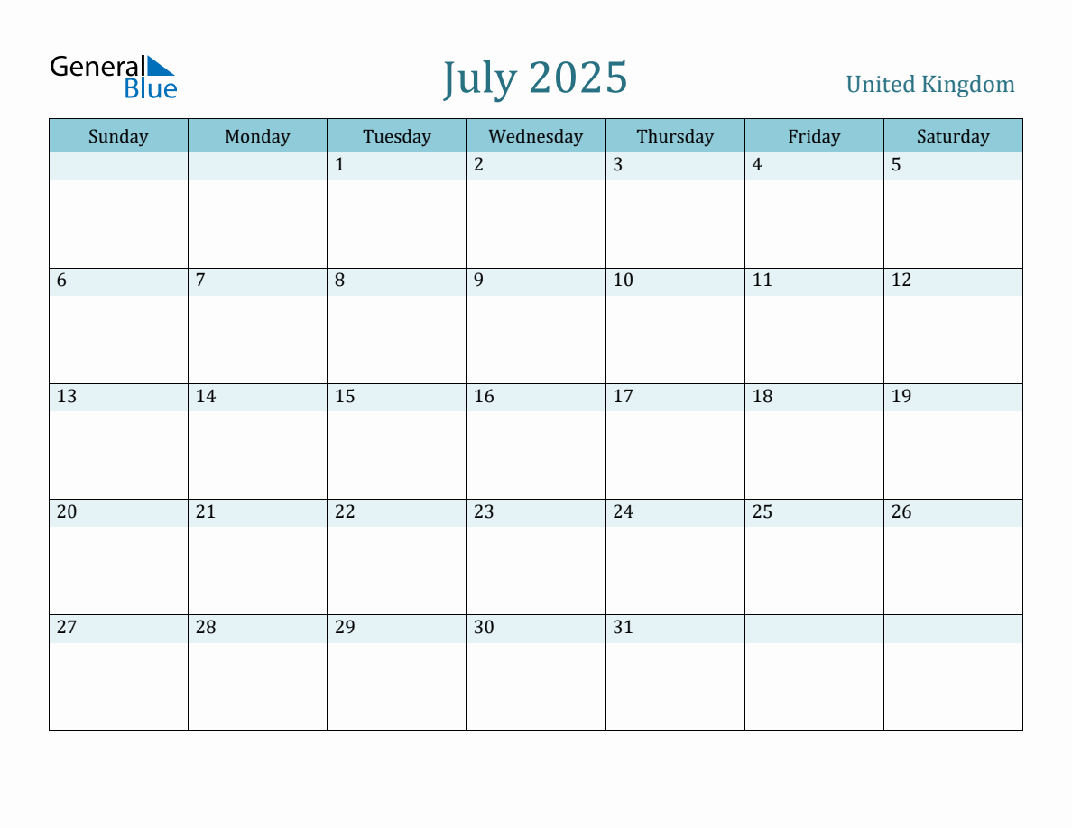 United Kingdom Holiday Calendar for July 2025