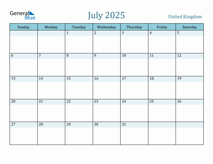 United Kingdom Holiday Calendar for July 2025