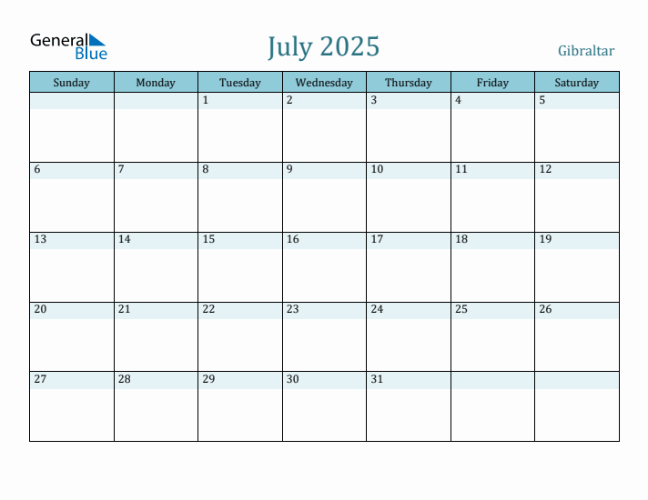 Gibraltar Holiday Calendar for July 2025