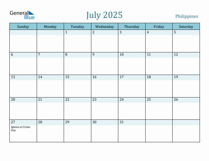 July 2025 Monthly Calendar with Philippines Holidays