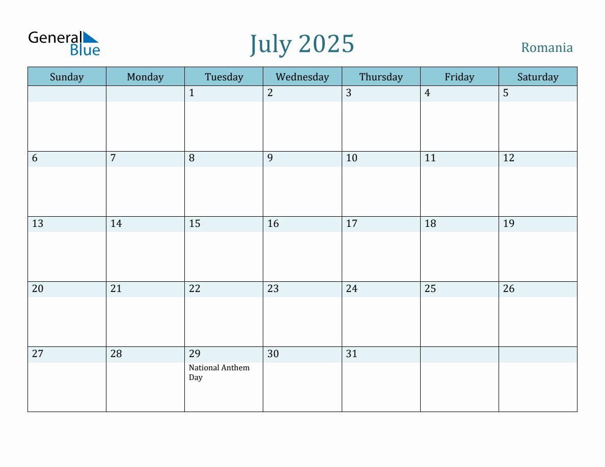 Romania Holiday Calendar for July 2025